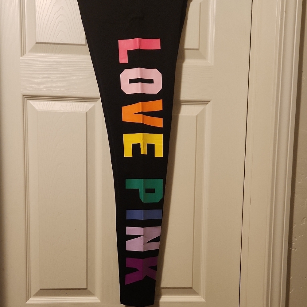 PINK Victoria's Secret Black and Red Leggings with Bold Multicolor Design